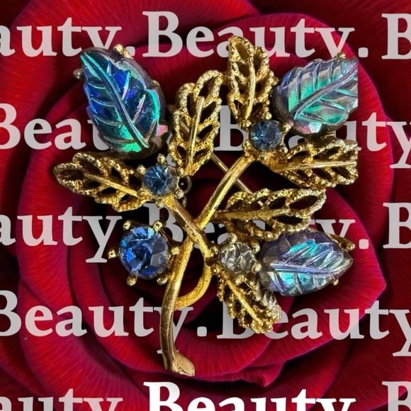 Vintage Blue Aurora Borealis Elegant Gold Leaf Brooch Molded in Glass Leaf - Picture 12 of 12